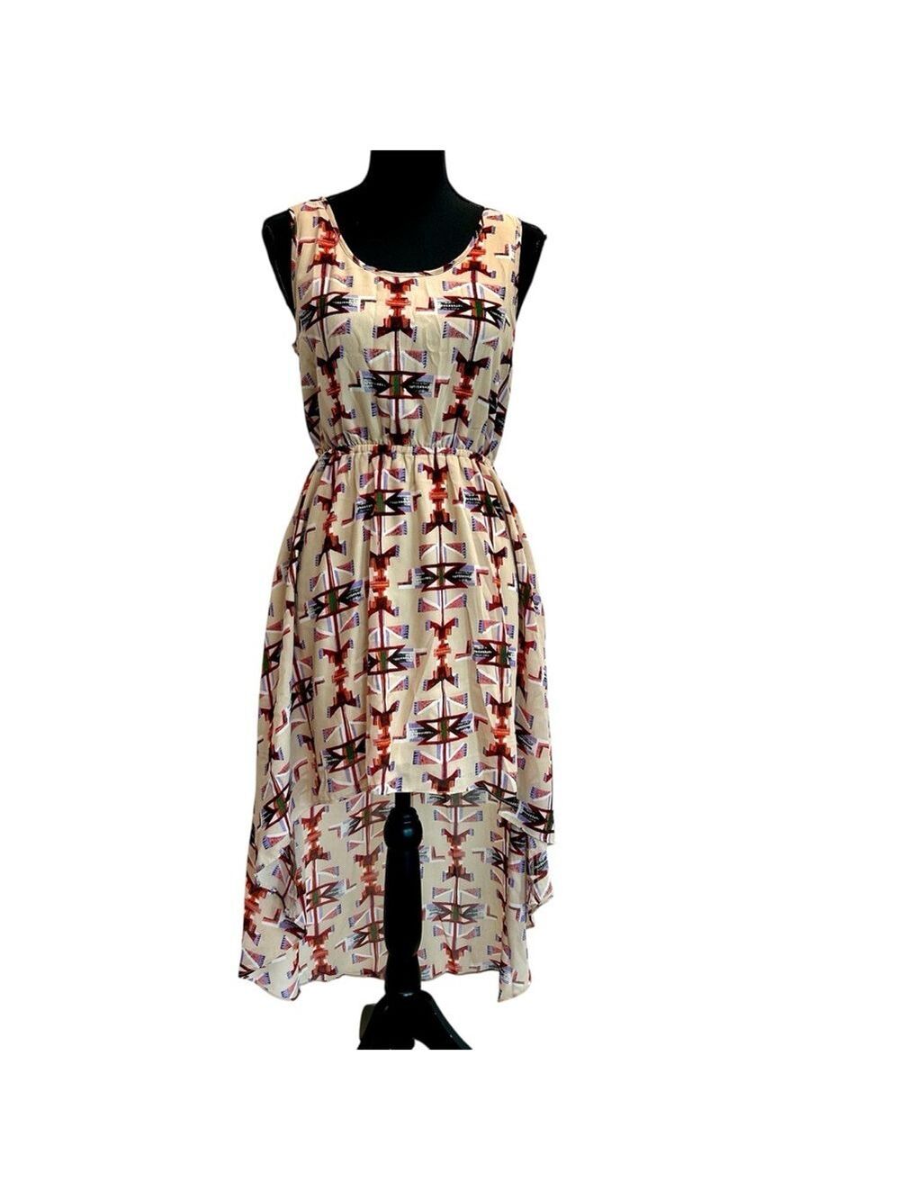 𝅺MAX C London beige geometric Aztec print sleeveless high low dress sz S